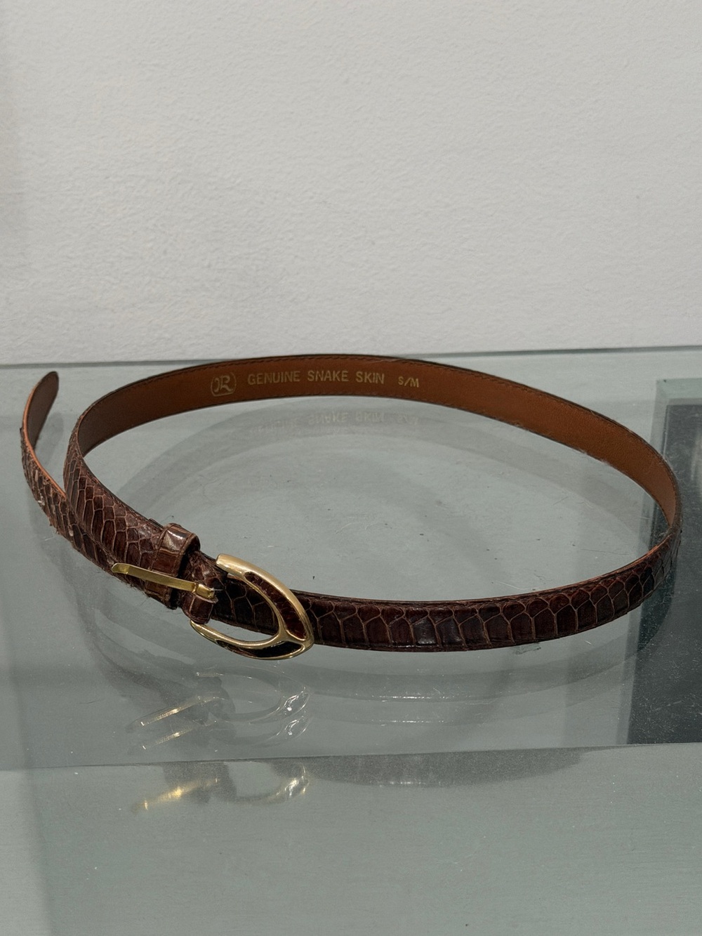 Vintage 80s JR Originals Genuine Snakeskin Thin Belt Goldtone Belt Buckle S/M